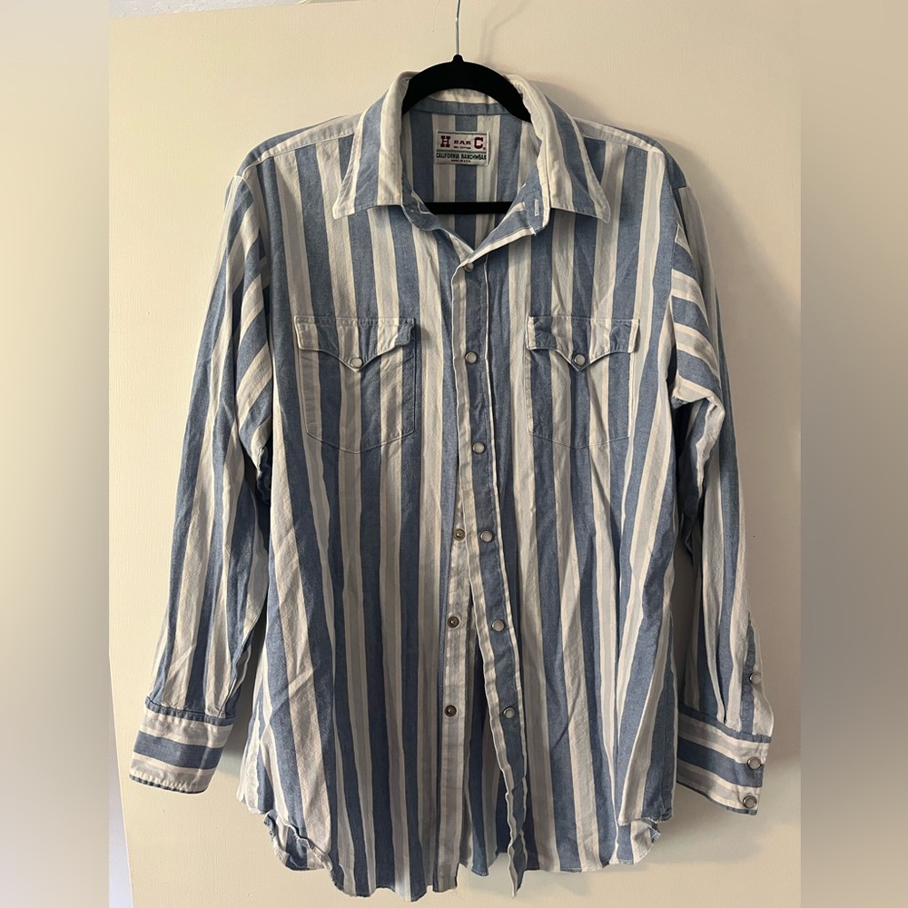 Vtg H Bar C Striped Pearl Snap Shirt
